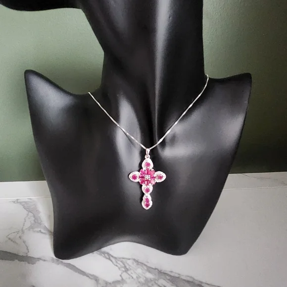 Deep Pink and Silver Cross Pendant With 18-inch S/S Chain (2 Inch Extendender) - Picture 2 of 7